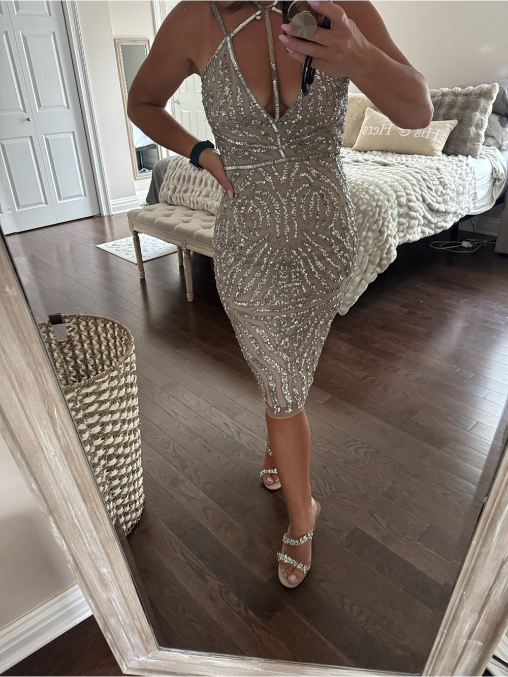 Peace and Love Elegant Silver beaded sequin Midi Dress size 8